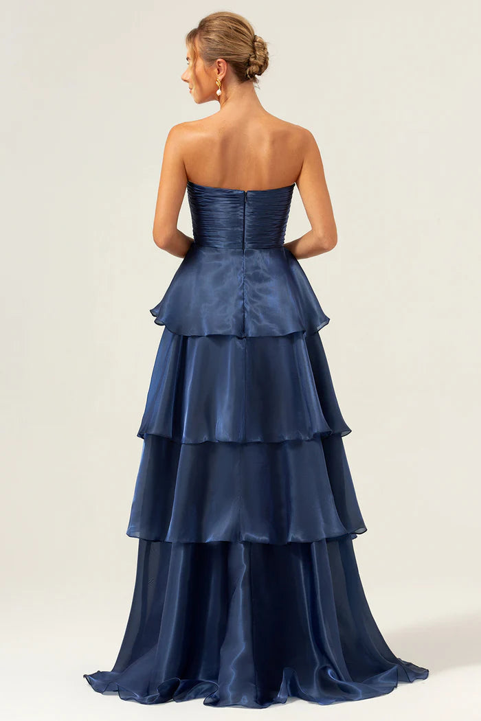 Robe Weitese bleu marine foncé, coupe trapèze, sans bretelles, en satin, à volants, robe de bal, maxi, sans manches, plissée, robe de soirée